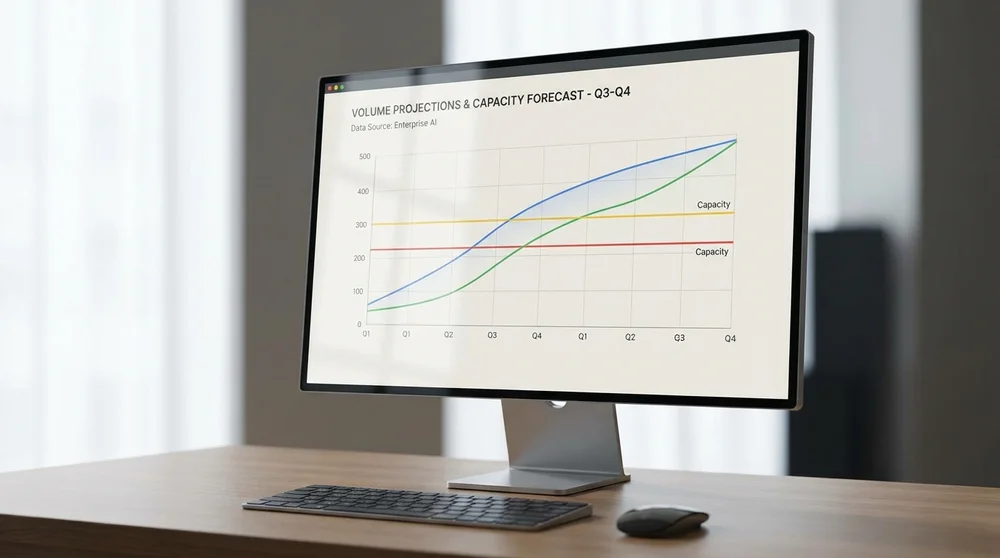 Forecasting chart with volume projections and capacity lines.