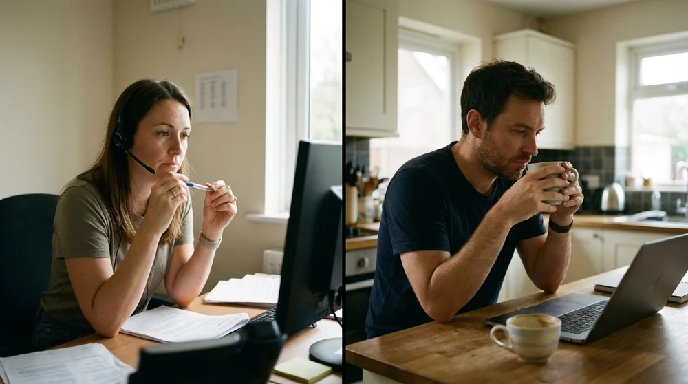 Illustration showing parallel 'ritual' flows between customers and support agents represented as symbolic steps or gestures.