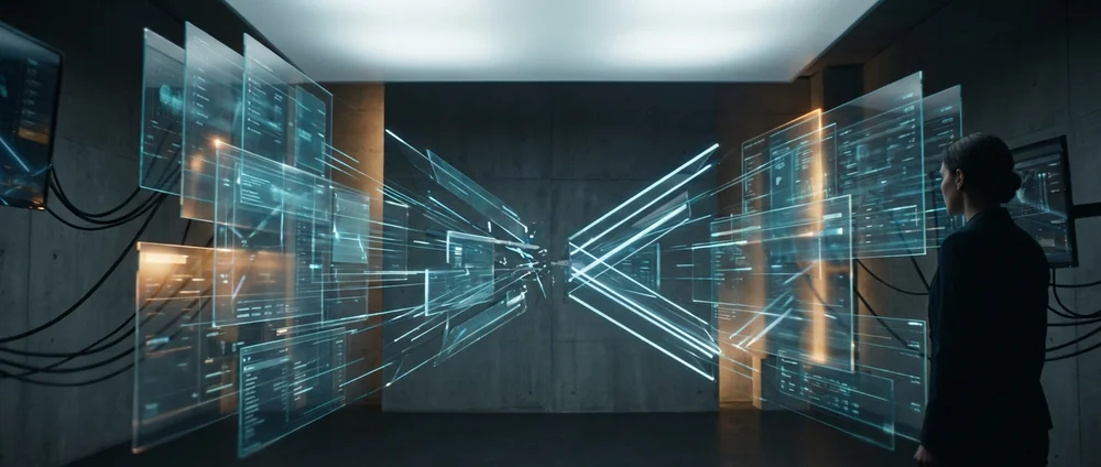 Editorial-style futuristic visual of digital communication landscapes shrinking and simplifying.