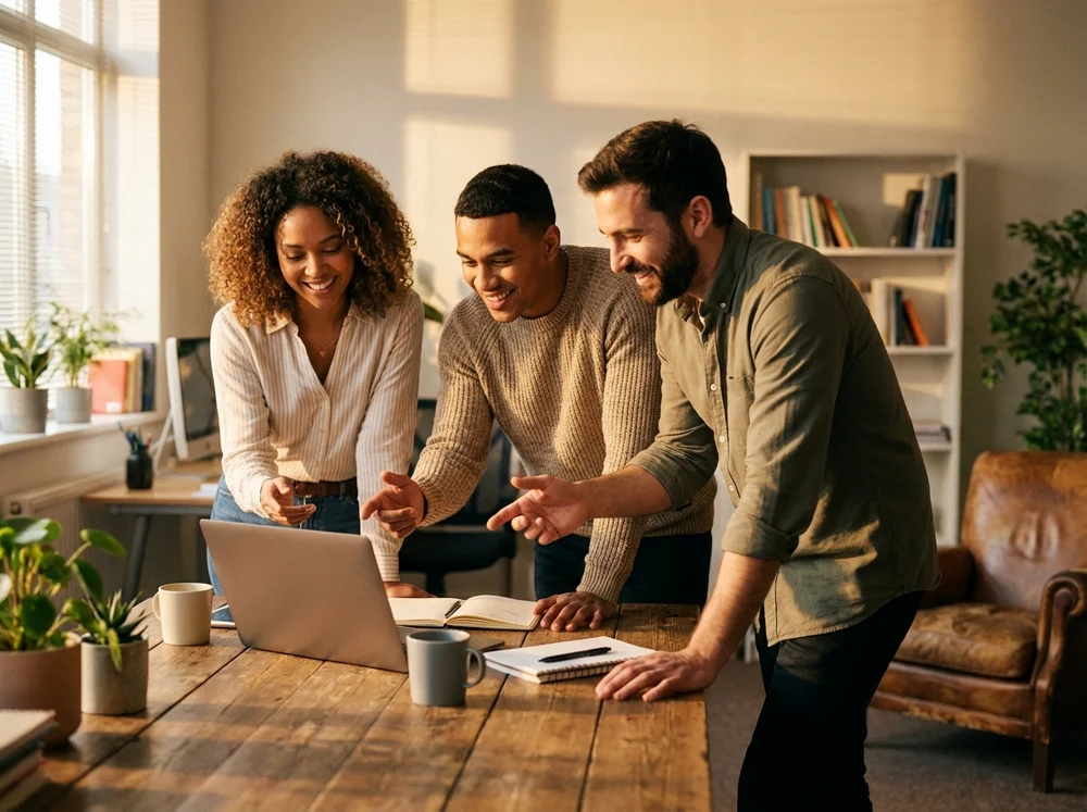 Warm lifestyle photo of a small support team collaborating at a desk.