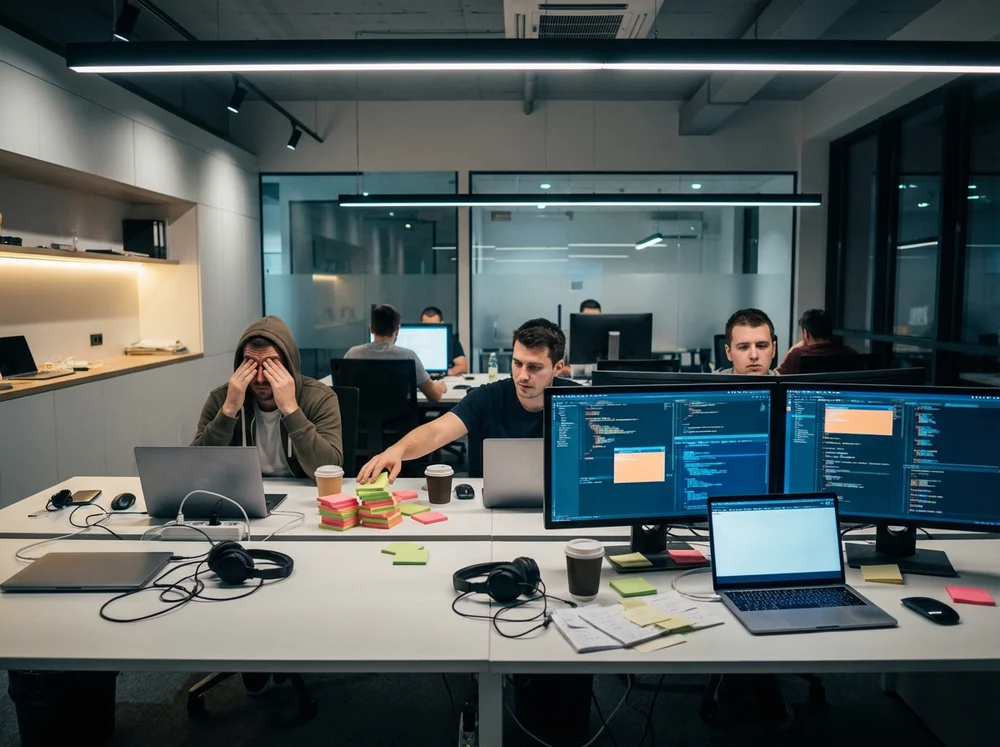 Support team working with piles of sticky notes tools and multiple monitors to symbolize bloat.