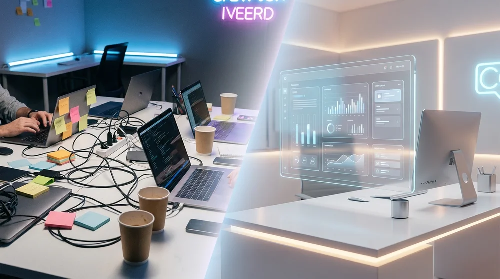 Wide scene of a cluttered workspace vs. an organized digital dashboard to contrast chaotic vs. clean tooling environments.