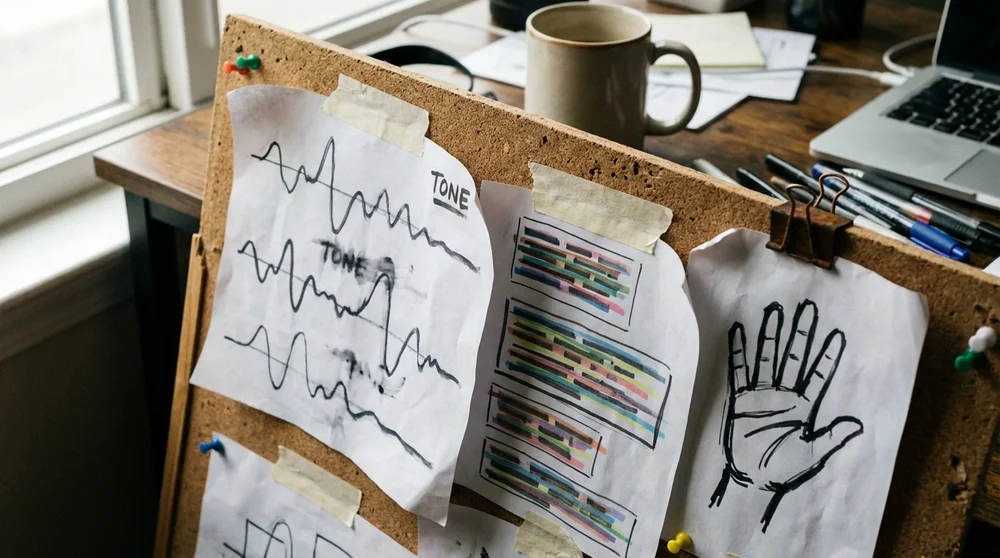 A collage of small sensory cues tone waves highlighted words gesture illustration