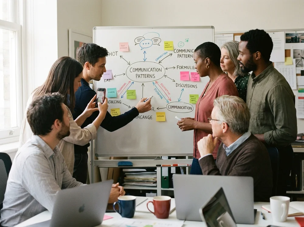 A candid photo of diverse team members observing or mapping communication patterns on a whiteboard.