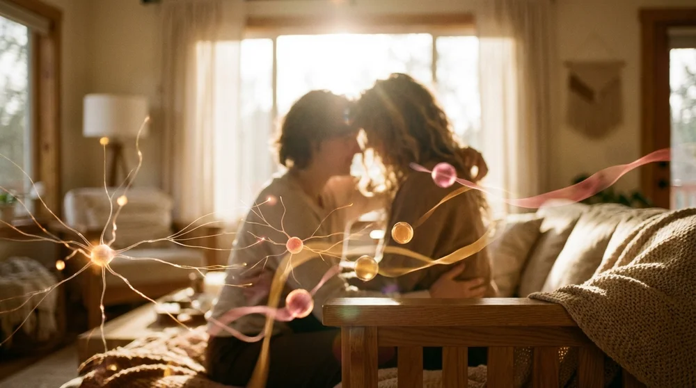 Abstract visualization of neurotransmitters (dopamine oxytocin) represented as glowing nodes or flowing lines connecting to h