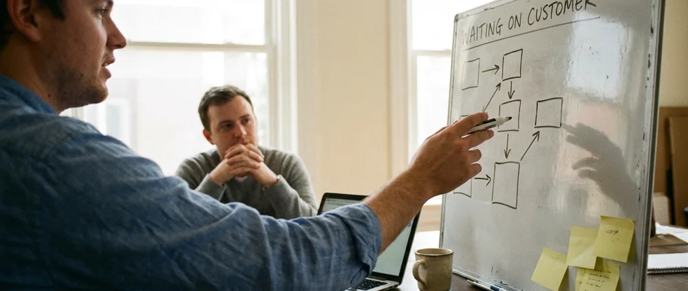 Workflow diagram illustrating an automated 'waiting on customer' follow-up system.