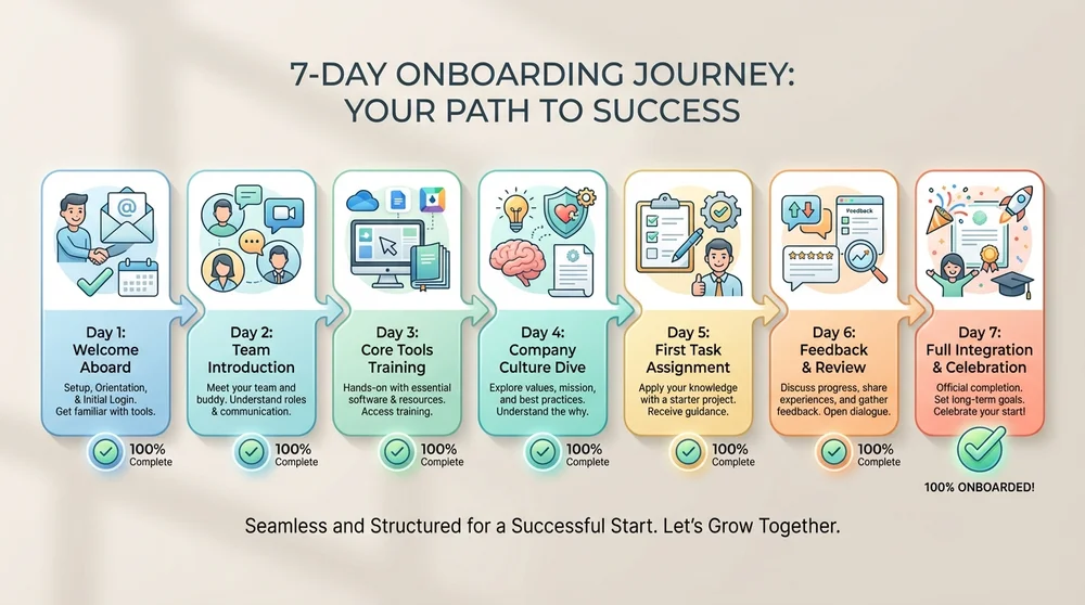 A timeline graphic showing the 7‑day onboarding flow