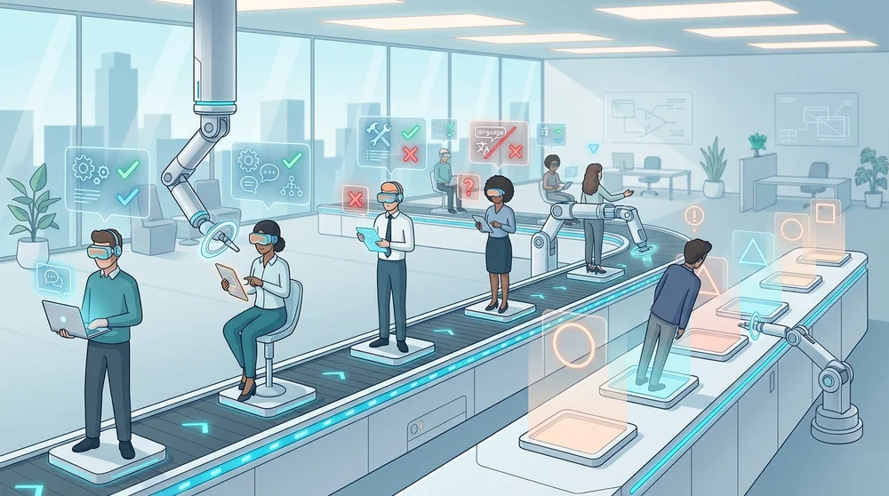 Illustration of conveyor-belt style hiring for support roles hinting at misalignment.