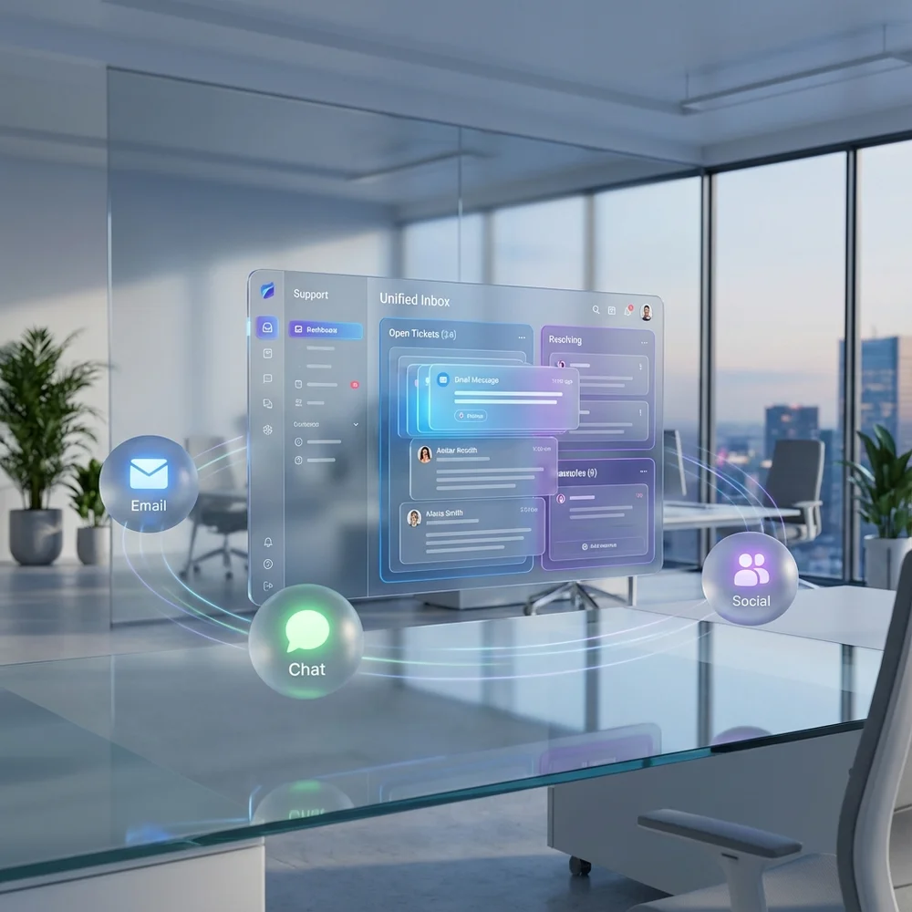 A multi‑channel inbox visual with email chat and social icons.