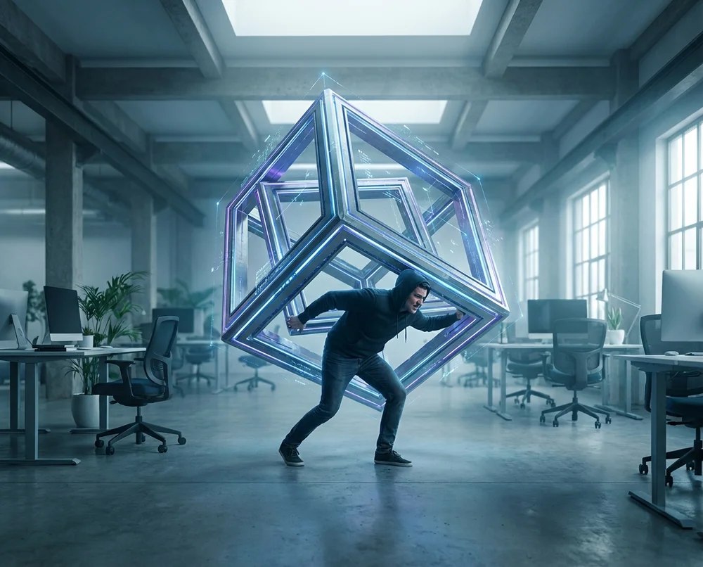 Symbolic image of one person holding up a heavy structure alone representing hero work.