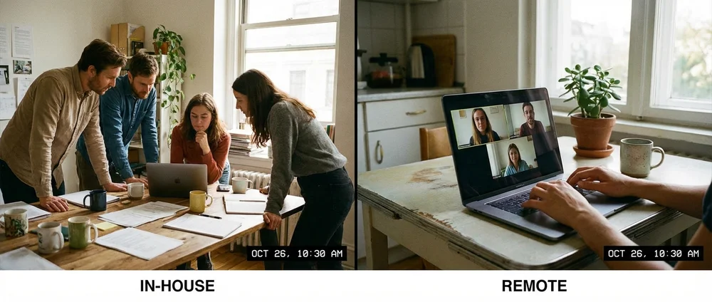 Side-by-side comparison visual of in-house vs. distributed team structure