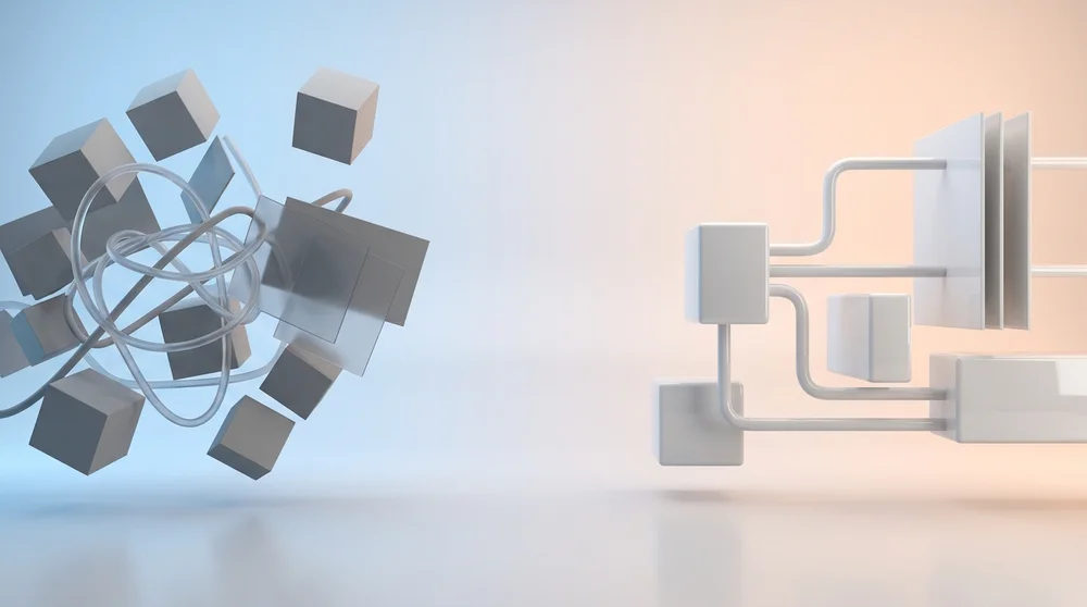 Wide shot of a messy vs streamlined digital workspace illustrating hidden workflow gaps.