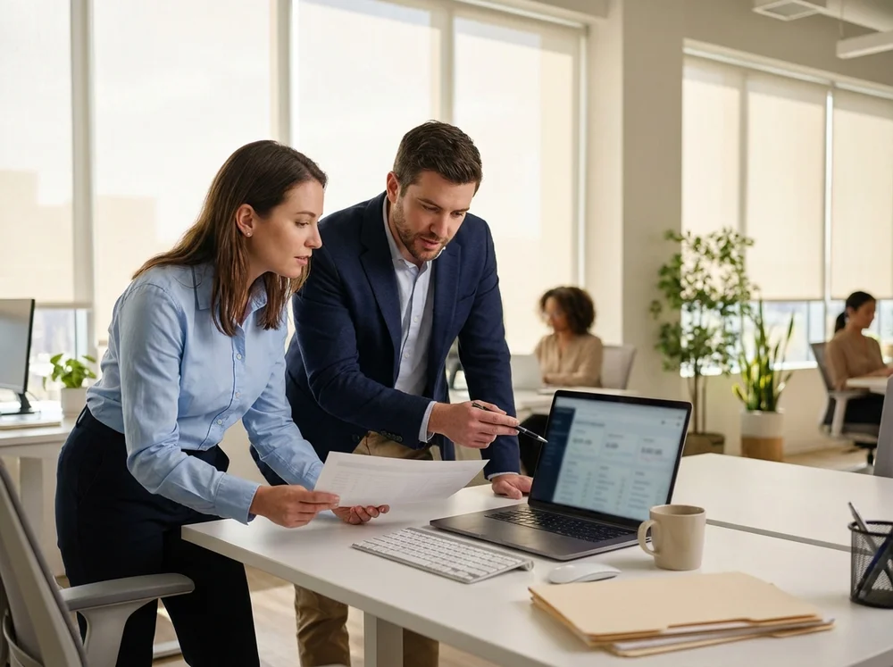 43 image of agents working together reviewing documentation.