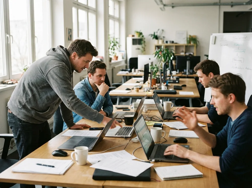 Support team working together in a candid human-centric moment