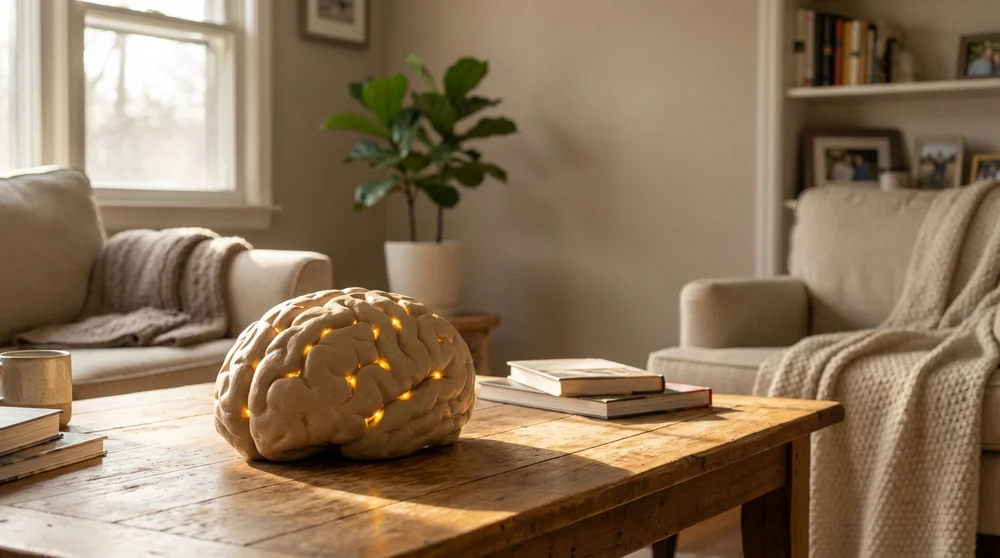 Conceptual visual metaphor of a human brain with warm glowing connection points to represent emotional triggers in customer i