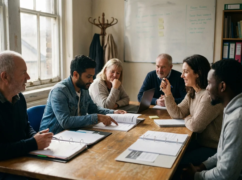 Human support agents collaborating with printed documentation during training