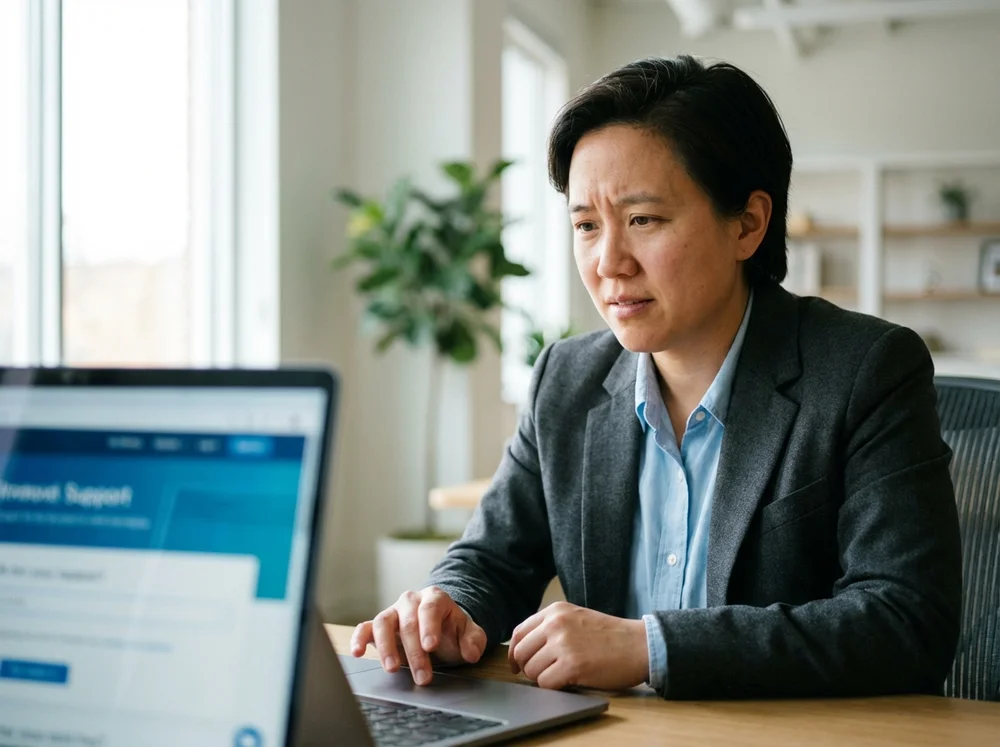 Candid visual of customer confusion or mixed emotions interacting with support UI.