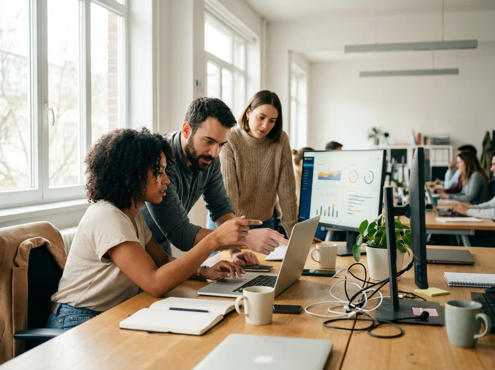 Natural candid image of a support team collaborating.