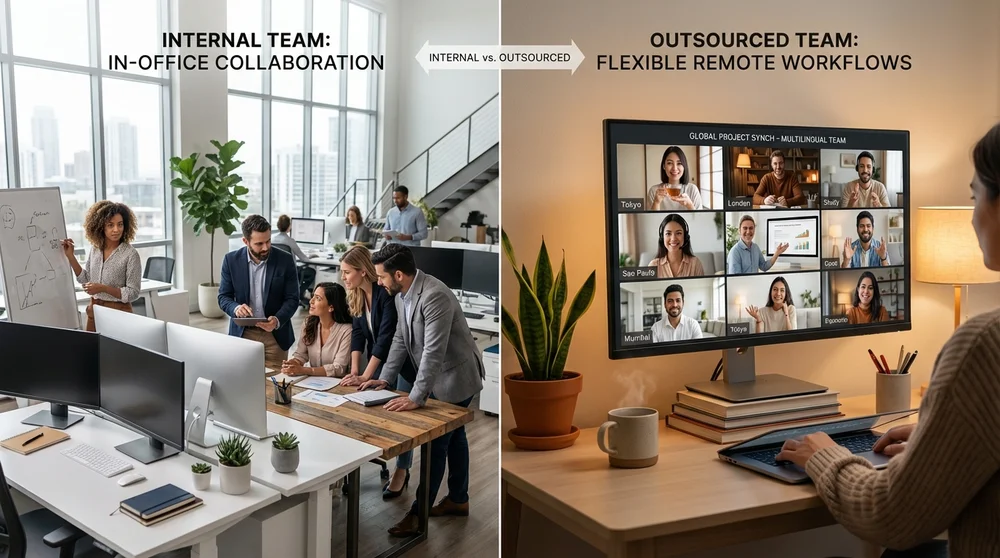 Split-screen comparison of internal vs outsourced team structures.